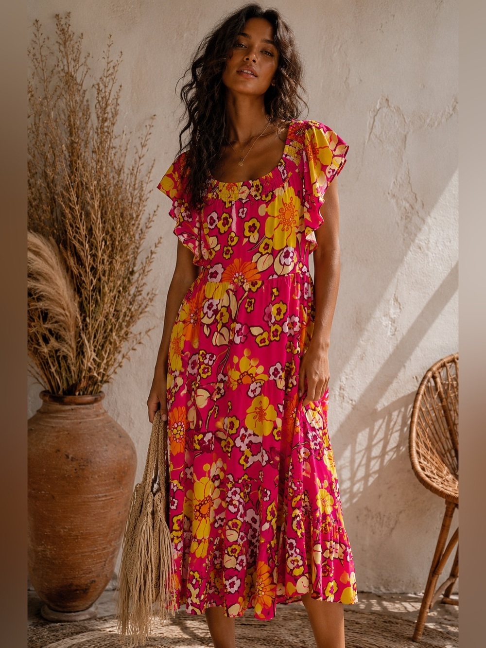 Flutter-Sleeve Floral Midi Dress